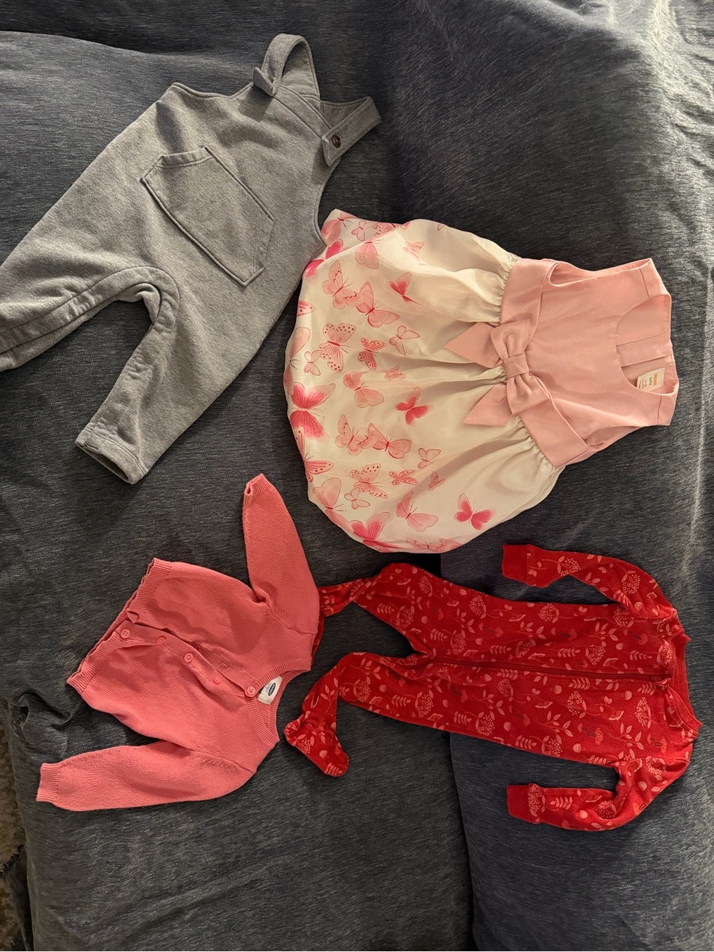 4 Piece 12-18 Month Girls Bundle: Sleeper, Vest, Dress, Overalls